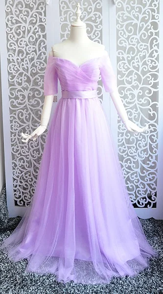 Light Purple Beauty-Emily, длинные фиолетовые, красные, серые вечерние платья,, трапециевидные, с открытыми плечами, с коротким рукавом, Vestido da dama de honra - Цвет: Light Purple