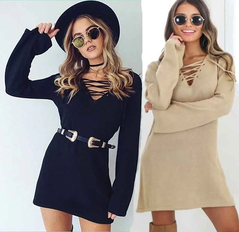 Модный вязаный свитер vestidos robe Femme женский сексуальный бандаж v образный вырез