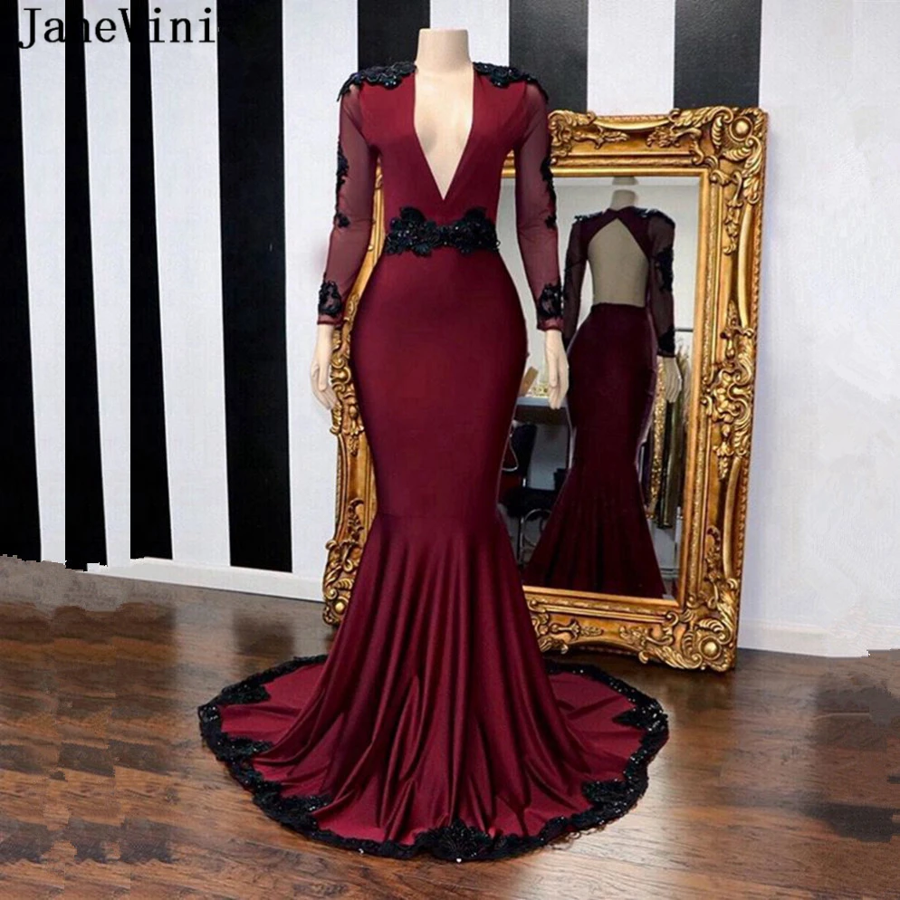 Женское атласное платье-Русалка JaneVini бордовое вечернее платье с v-образным