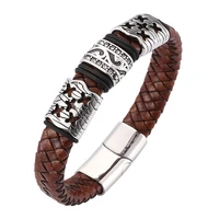 vintage male jewelry brown braided leather bracelet with zircon stainless steel magnetic clasp men wristband punk bangles sp0091