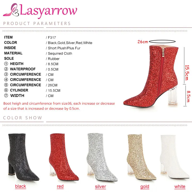 Lasyarrow/Брендовые женские ботильоны; женская обувь на каблуке; сезон осень-зима; блестящие ботинки на молнии; Повседневная обувь; цвет черный, белый, золотистый, серебристый