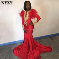 nyzy e135 feather long sleeve mermaid arabic muslim evening dress red robe soiree dubai abendkleider 2019 abiye gece elbisesi