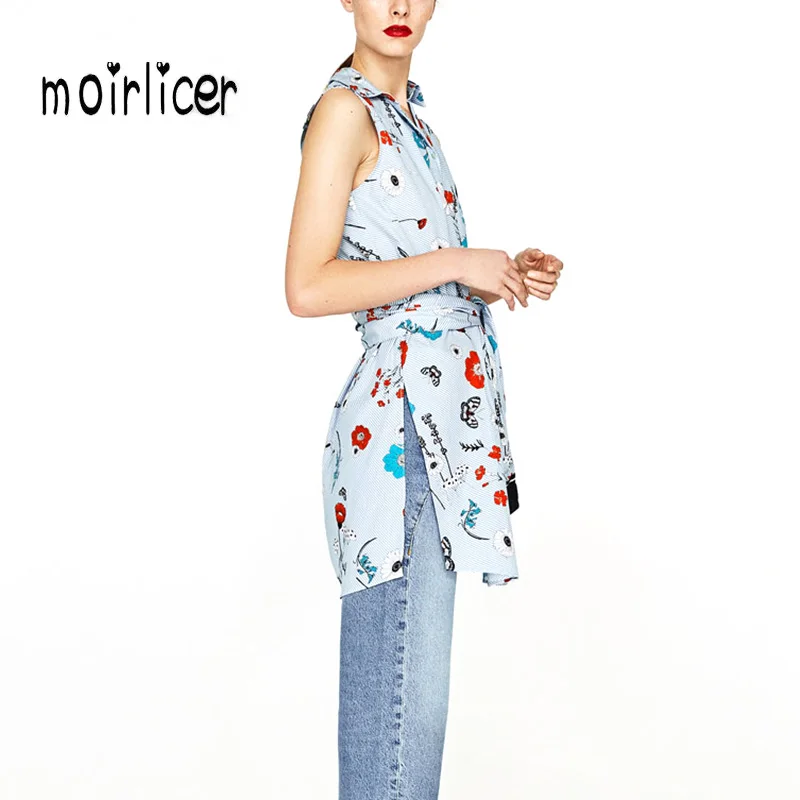 Moirlicer Women sweet butterfly flower print shirt dress sashes sleeveless turn down collar summer ladies casual dresses vestido | Женская