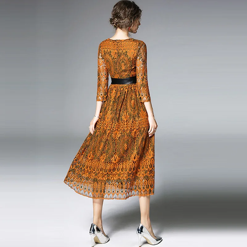 

Womens Dresses New Arrival 2018 Spring Autumn Dress Women O-neck Seven Sleeves Hollow Evening Party Elegant Lace Dress Vestido