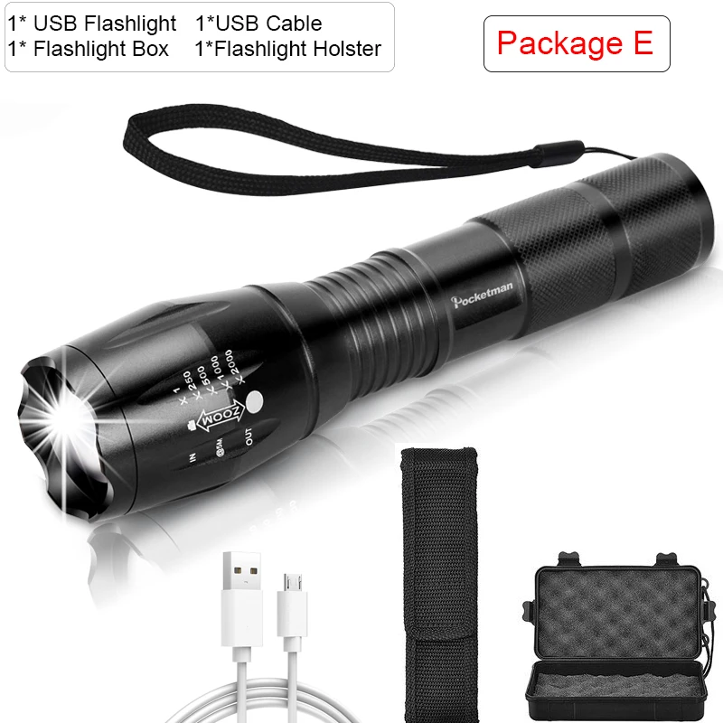 Package E 10000лм Мощный USB Фонарик светодиодный+ COB фонарь L2/T6 тактический фонарик масштабируемый перезаряжаемый светодиодный фонарик с usb-кабелем - Испускаемый цвет: Package E