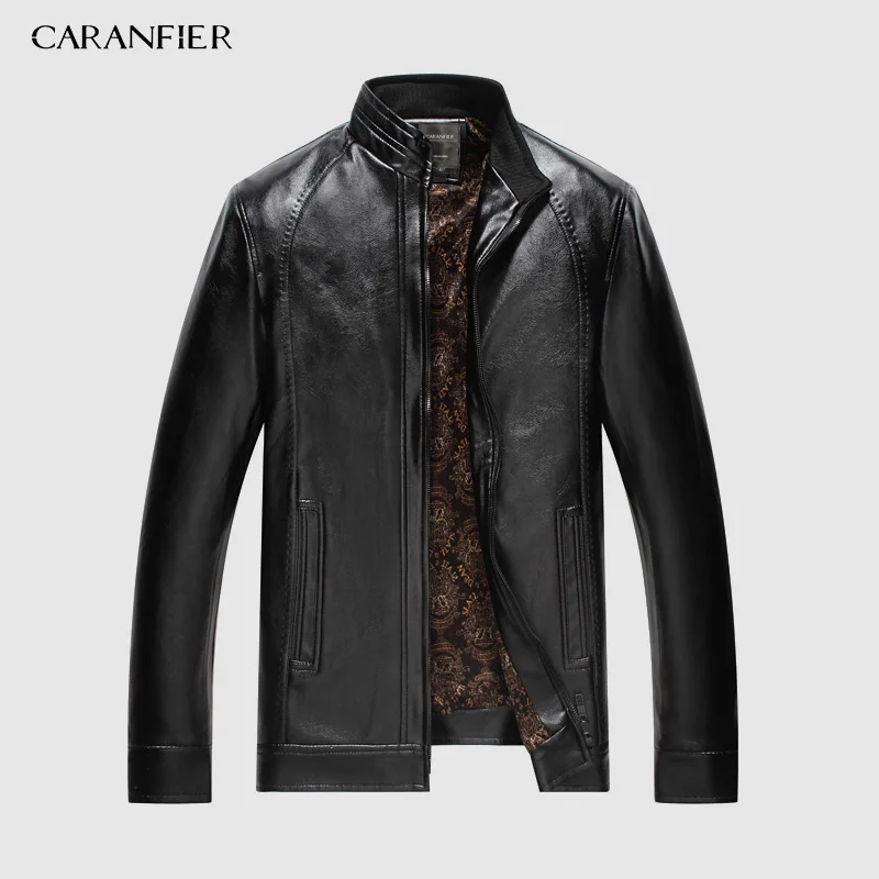 CARANFIER, новинка, мужские Куртки из искусственной кожи, мотоциклетные пальто, верхняя одежда со стоячим воротником, приталенное мужское кожаное пальто, брендовая одежда, M-5XL