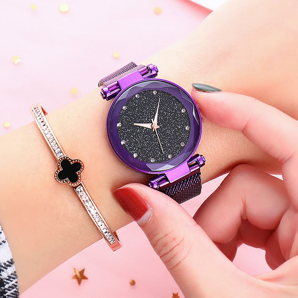 Звездное небо женские часы Роскошные розовое золото браслет стразы кварцевые