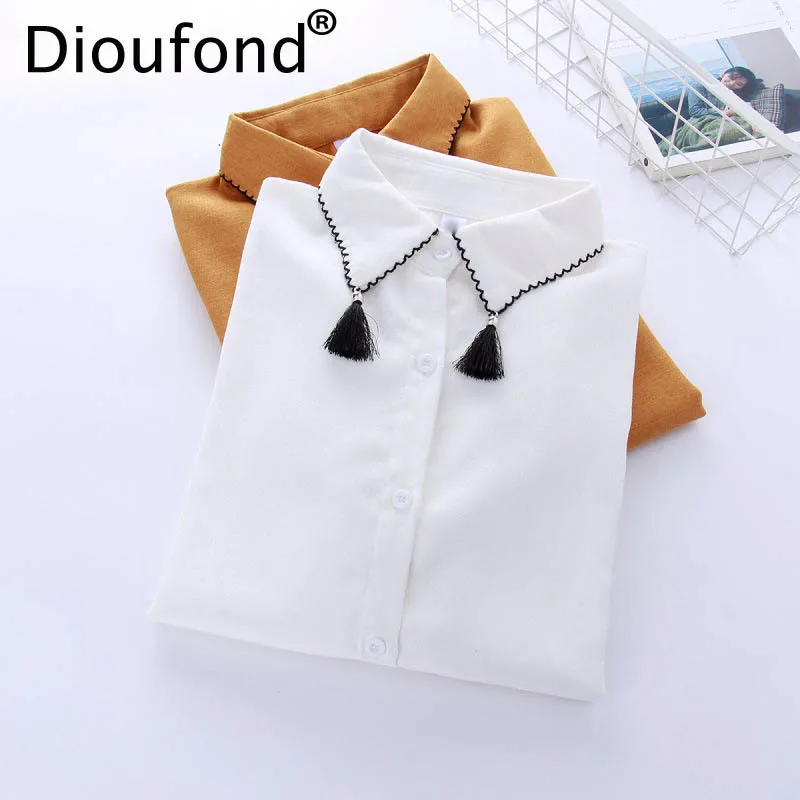 Dioufond Turn Down Collar Female Tops White Tassel Preppy Style Blouse Long Sleeve Shirt Solid Women Fashion Blouses 2018 Spring |