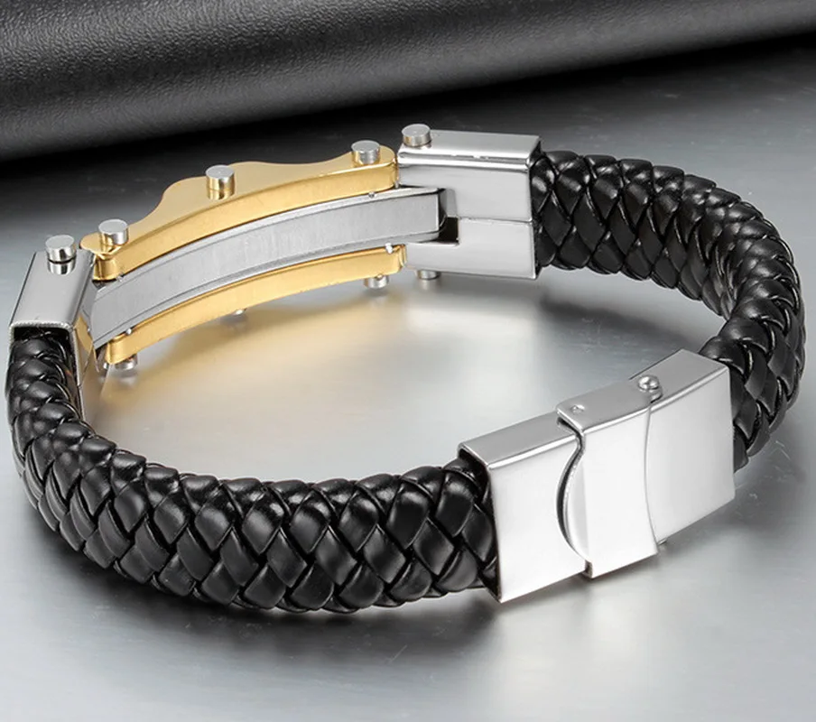 

Portrait wave stainless steel cowhide braid bracelet retro punk fashion splice bracelet S192