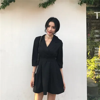Черный Женские милые платья, шикарные Ins Kawaii, винтажные, шикарные, v-образный вырез, ремень, высокая талия, тонкое платье, для девушек, милая, Корейская, панк одежда для женщин - Цвет: Черный