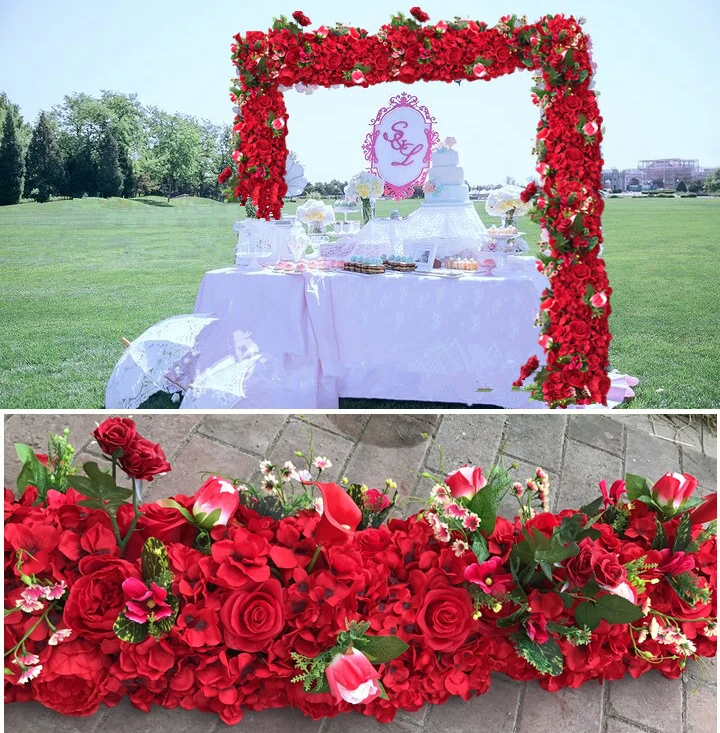 

Wedding Pavillion Flowers strips hot red square flower backdrop Flower Wall Wedding Decoration 4M x 24cm
