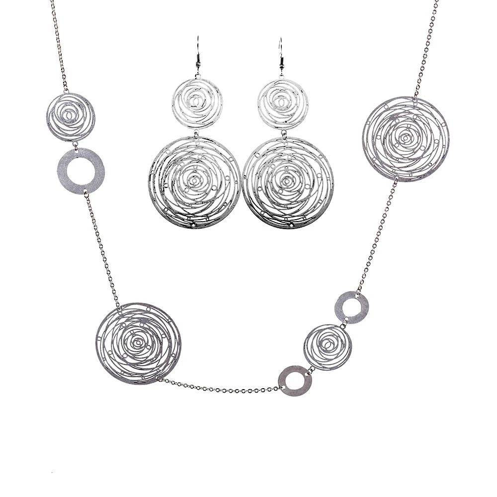 ISHOW Antique Silver Plated Round Copper Sheet Hollow Rose Flower Chain Necklace and Dangle Drop Earrings Jewelry Set for Women | Украшения