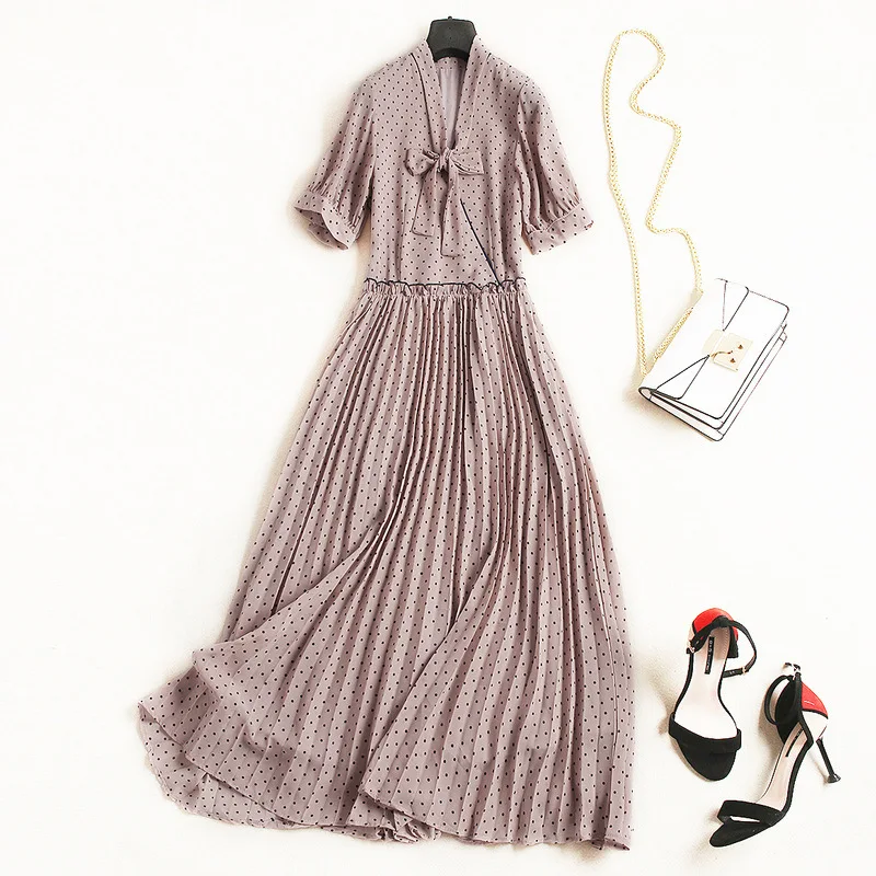 Шифоновое платье в горошек с v образным вырезом и коротким рукавом пляжное