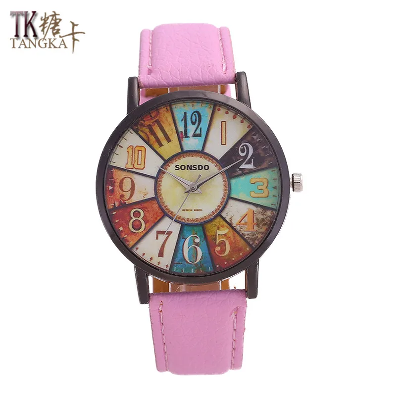TANGKA Новые мужские и женские кожаные часы со стальным кольцом Ретро цифровой