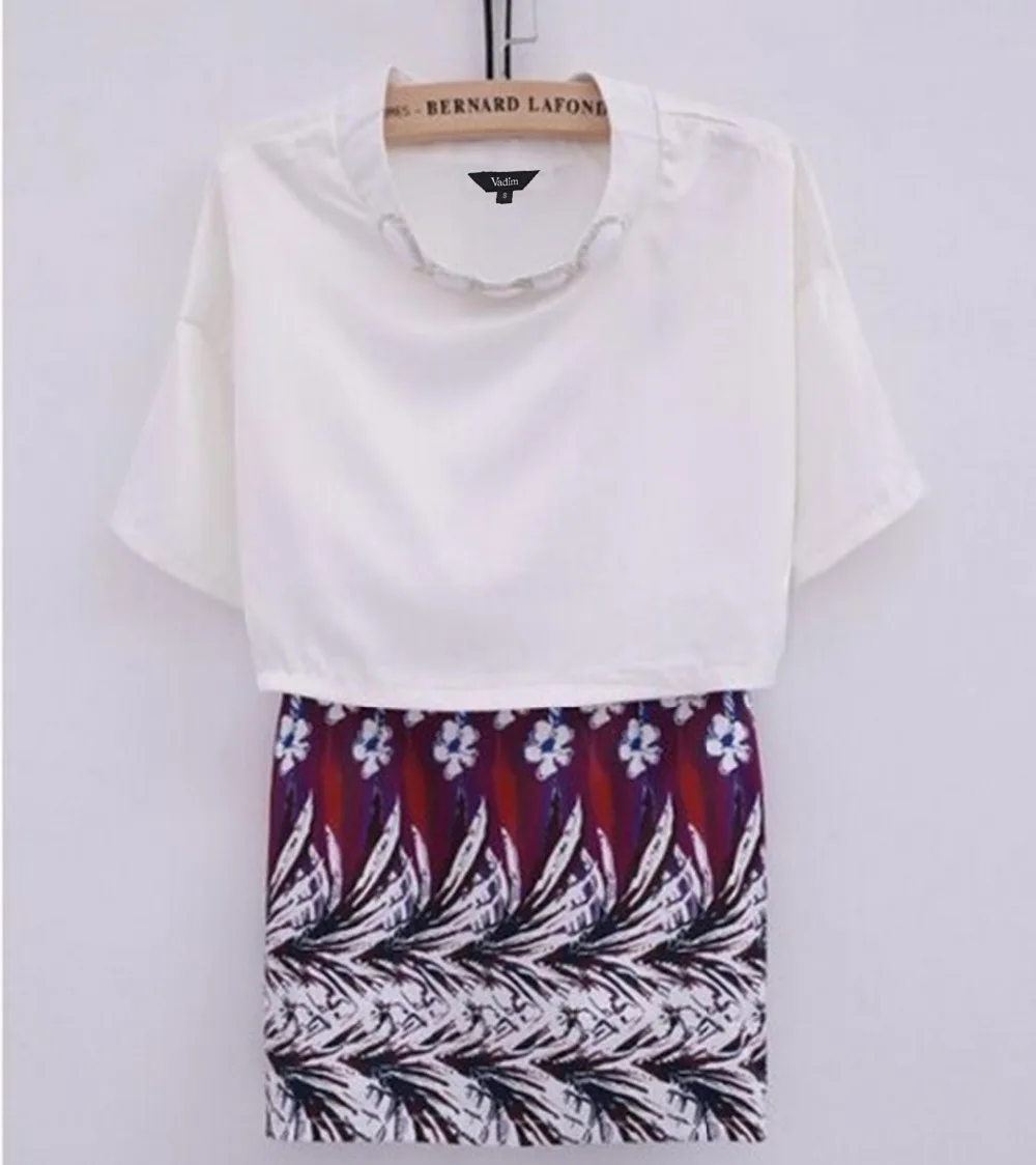 Women floral print beading two pieces suits Dress elegant O Neck short sleeve casual slim dress brand designer QZ953 | Женская одежда