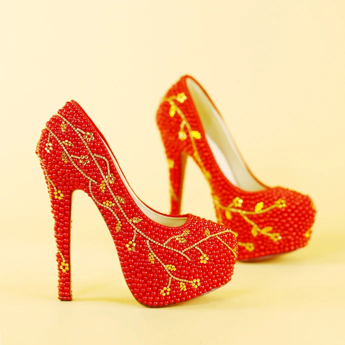 Luxury new arrival wedding shoes round toe handmade bridal red pearl party 8cm/11cm/14cm heel big size | Обувь