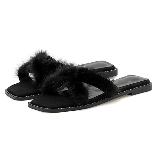 Gdgydh Real Fur Flat Slippers Women Summer Shoes Outside Slipper Lady Casual Beach Shoes Streetwear Black Apricot Slip On Cheap - Color: black