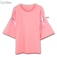 lychee sweet summer women t shirt lace up bow tie hollow out causal loose short sleeve t shirt tee top female