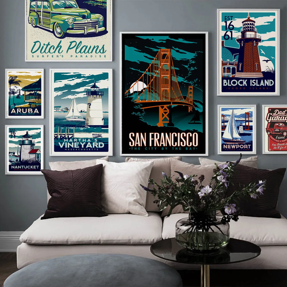 

Nordic Landscape Poster New York San Francisco Aruba Sea Car Wall Art Canvas Painting Picture For Living Room Home Decor Murals