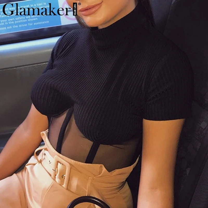 Glamaker черный сексуальный топ футболка сетка прозрачный Повседневный обрезанный женский топ уличная водолазка пэчворк панк-рубашки летняя футболка