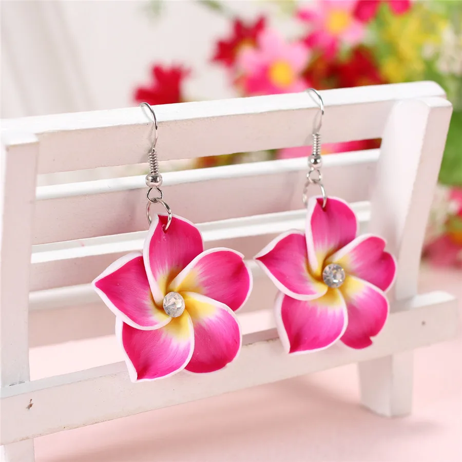 rose red color 2 пар/лот 30 мм богемная Полимерная глина для изготовления игрушек Плюмерия цветы франжипанье Висячие серьги милые для балийского праздника украшения ювелирных изделий - Окраска металла: rose red color