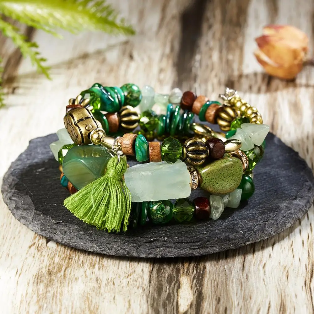 Браслет DoreenBeads многослойный из натурального камня с кисточками многоцветные