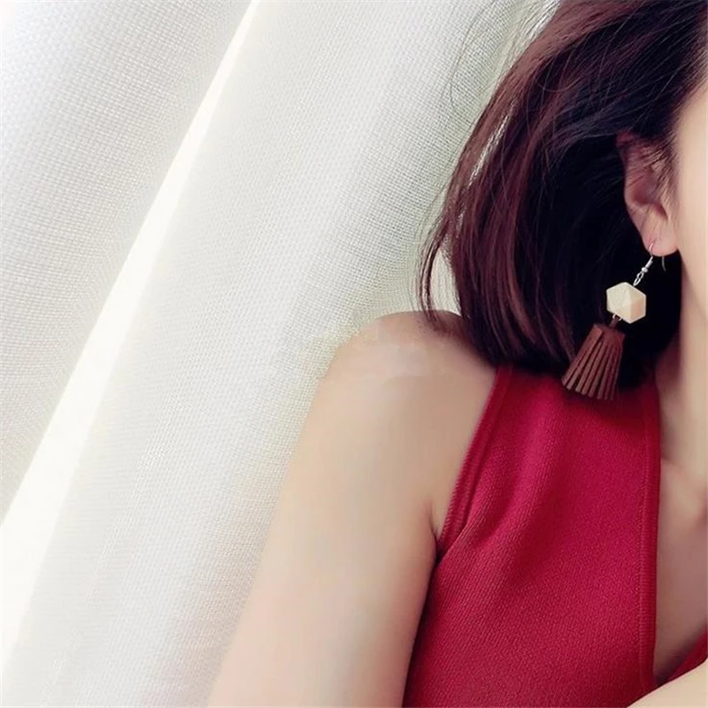 Doreen Box Wood Fashion Women Drop Earrings New Design Geometric Multi-faceted Velvet Tassels Hook Jewelry 1 Pair | Украшения и