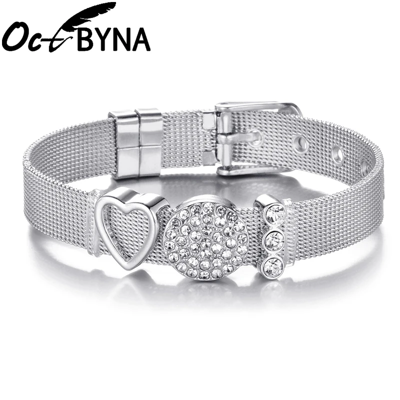 Octbyna DIY браслет из нержавеющей стали со стразами, сетчатый Браслет для женщин, металлический Регулируемый тонкий браслет