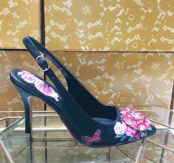 

BONJEAN Woman High Heel Shoes Sexy Pointed toe Flower Printed Thin Heels Pumps Crystal Decorations Party Wedding Shoes