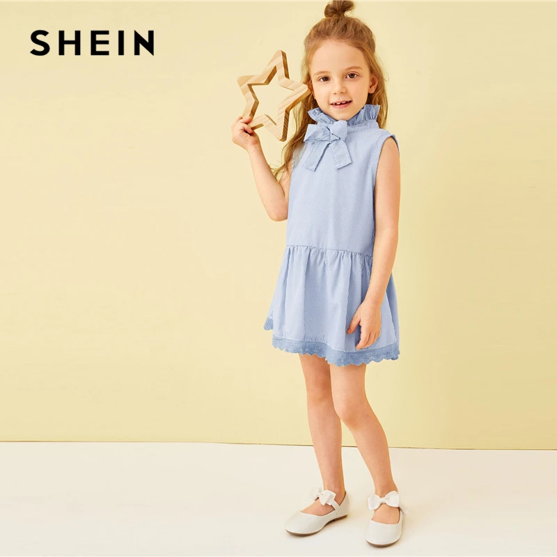 SHEIN/милое платье в полоску с оборками и завязками на шее для девочек г. Летние детские короткие платья трапециевидной формы без рукавов с пуговицами сзади