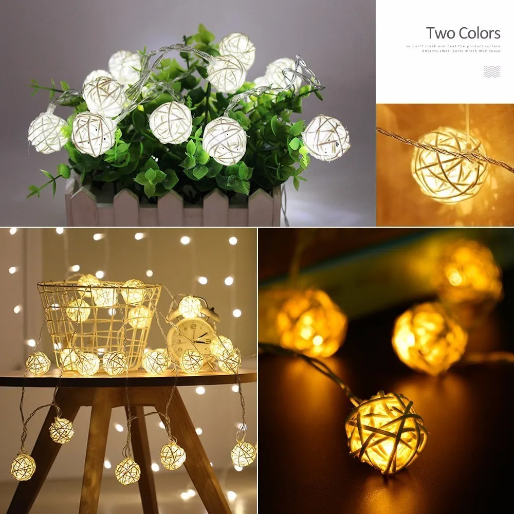 2m 20leds Rattan Ball LED String Light Battery Power Garlands Holiday Party Patio Garden Christmas Decoration Fairy Lights | Лампы и