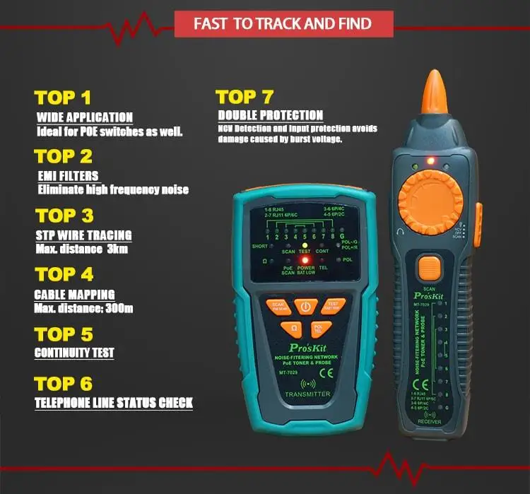 Pro'skit MT-7029-C анти-помехи аудио сети POE проверки линии сетевой кабель тестер для провода телефонной линии детектор трекер