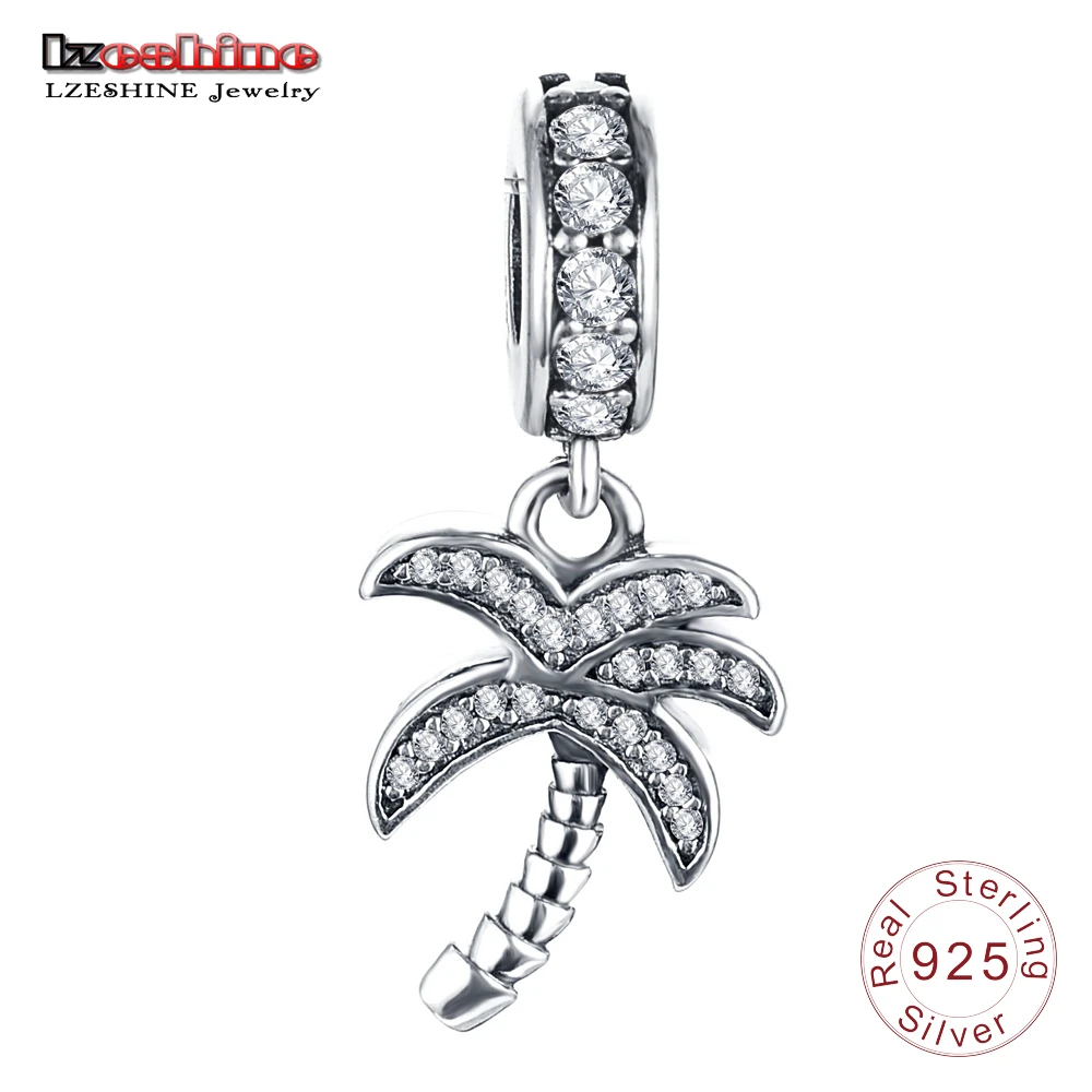 LZESHINE Винтаж Аутентичные стерлингового серебра 925 Игристые ясно CZ Palm Tree мотаться