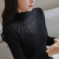high elastic knitted sweater women 2019 autumn winter lace patchwork long sleeve women sweaters and pullovers female pull femme