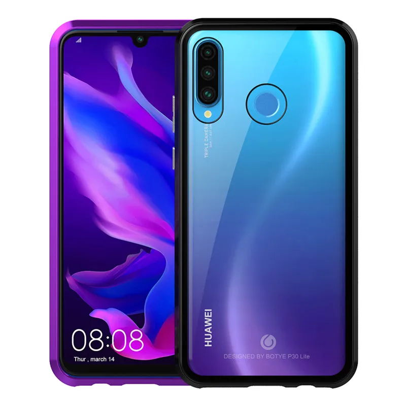 Роскошный магнитный металлический бампер чехол для huawei P30 Pro чехол 360 прозрачное стекло полный корпус чехол для телефона для huawei P30 P30 lite - Цвет: purple