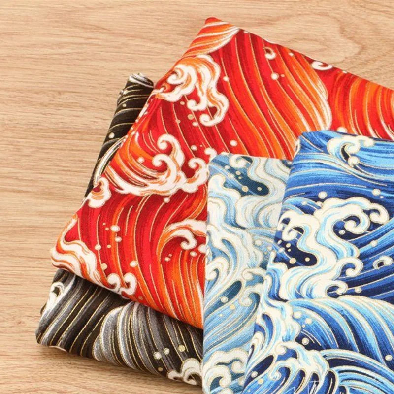 CF22 1 метр оранжевый/синий/кофейный в японском стиле волнистый принт 100% хлопок