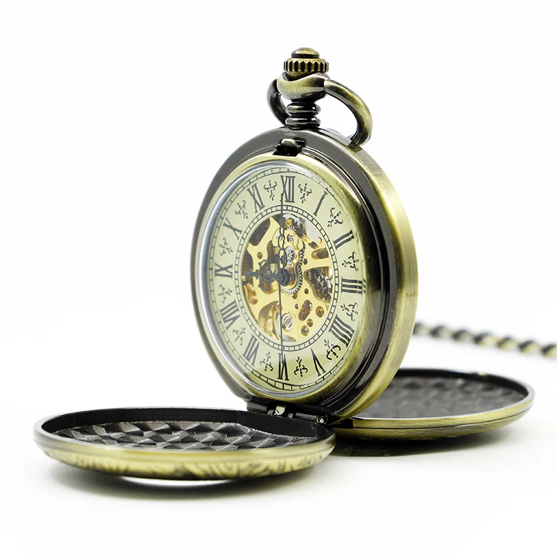 Antique Mysterious Symbol Hollow Dial Double Opening Mechanical Pocket Watch Retro Steampunk Men Fob Chain Watch Manual Clock