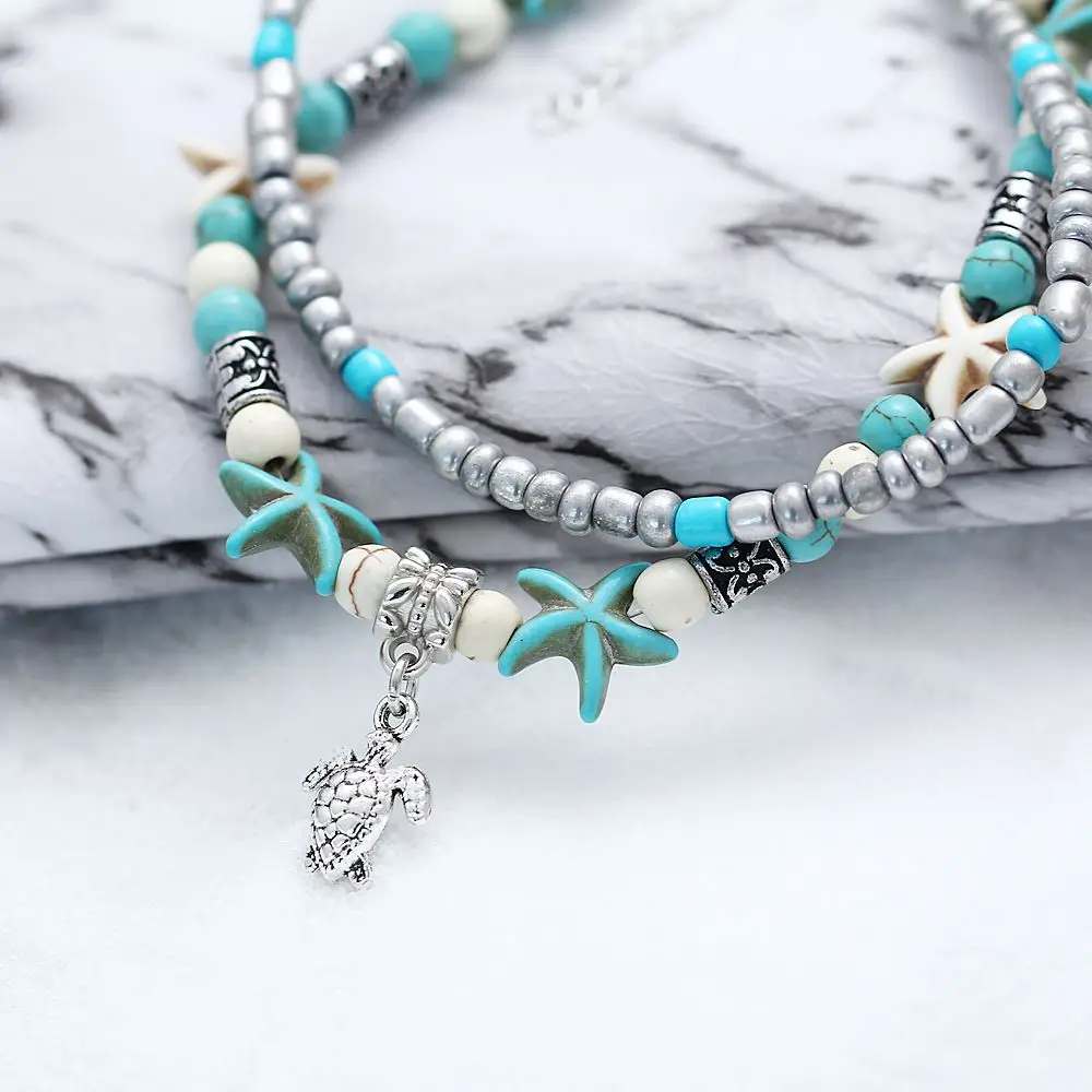 Vintage Boho Shell Beads Chain Starfish Sea Turtle Anklets for Women Multilayer Leg Bracelet Handmade Bohemian Beach Jewelry - купить по