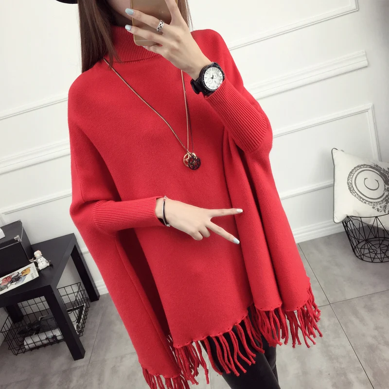 Женский Длинный свитер с высоким воротником однотонная вязаная плащ бахромой и