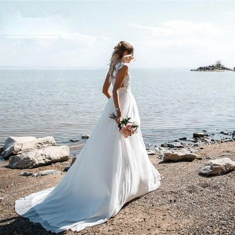 LORIE, простое платье-трапеция, Пляжное свадебное платье, сексуальный, кружевной, с аппликацией, спереди, раздельное белое шифоновое свадебное платье