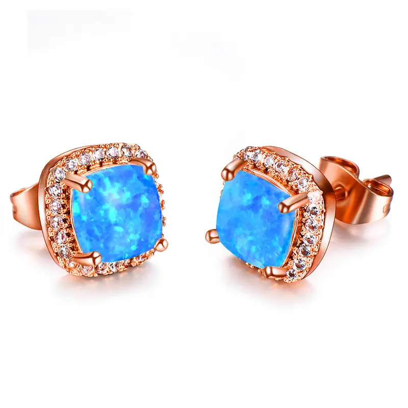 Женские серьги гвоздики Boho с голубым огненным опалом модные из розового золота