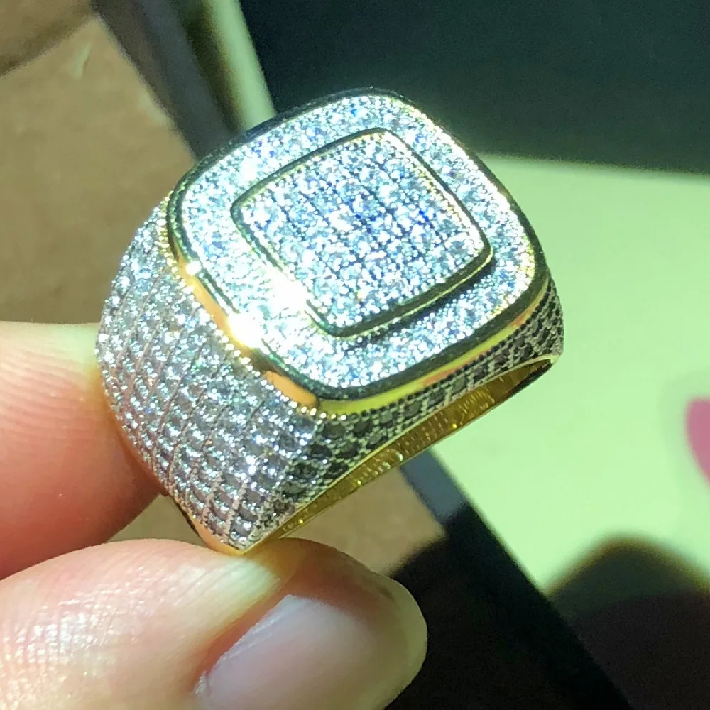 Роскошные Хип-хоп микро Pave CZ камни все Льдом Bling кольцо 925 Серебро Золото Цвет хип-хоп кольца для мужчин ювелирные изделия подарок Вечерние