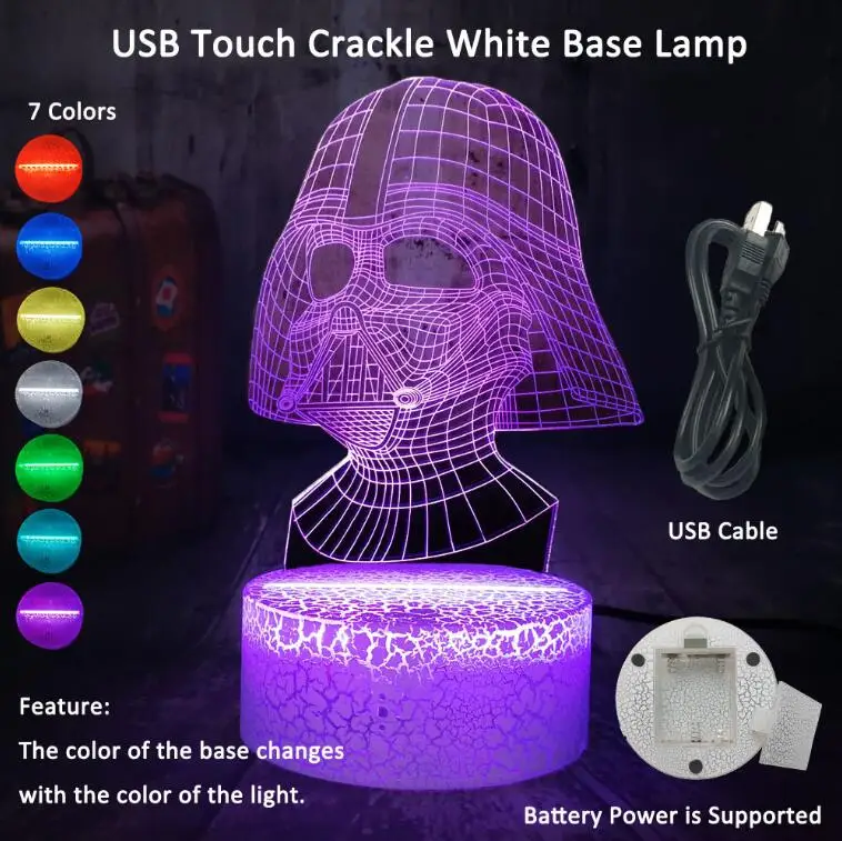 White Base Touch Звездные войны рисунок Дарт Вейдер 3D светодиодный ночник 7 цветов сенсорный Настольный светильник для детей на день рождения Рождественский подарок декор для спальни - Испускаемый цвет: White Base Touch