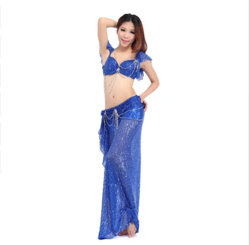 Royal blue Женский костюм для танца живота для взрослых, комплект из 2 предметов(бюстгальтер+ блестящая юбка), Танцевальные Костюмы Болливуда, 8 цветов, одежда для танцевальной вечеринки, платье в этническом стиле - Цвет: Royal blue