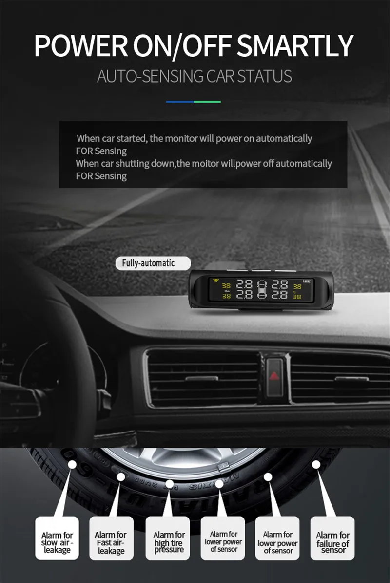 Система контроля давления в шинах TPMS на солнечных батареях, цифровой ЖК-дисплей, автоматическая система охранной сигнализации, 4 внешних датчика
