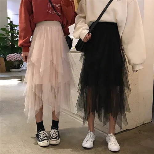 

Асимметричные юбки TingYiLi из тюля, женская черная Бежевая длинная юбка макси, Корейская многослойная юбка для девушек