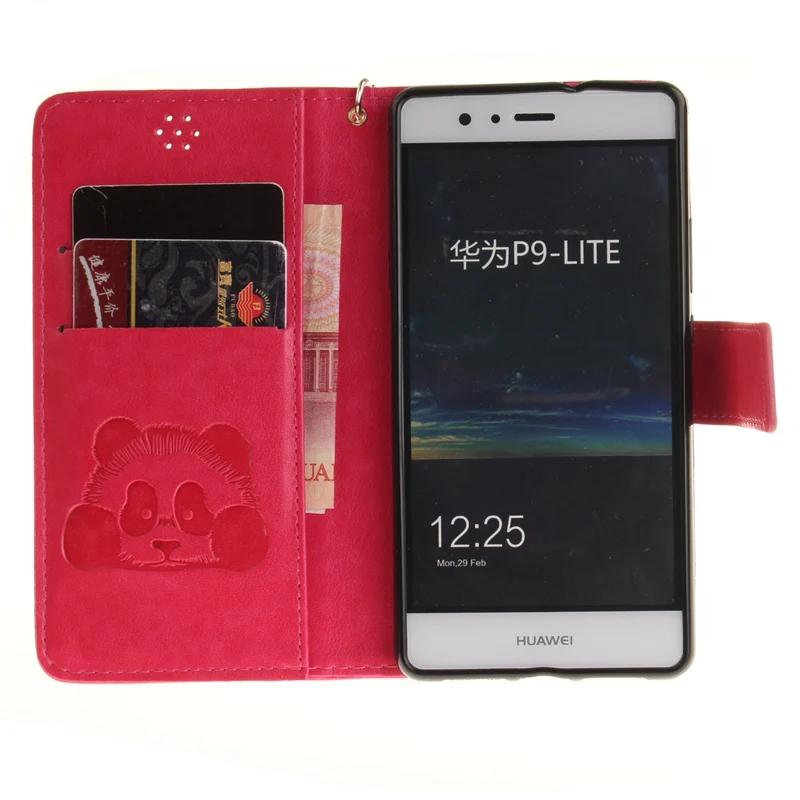Для Huawei P9 Lite Case 3D Тиснением Cute Panda Кожа Телефон Случаях с шнурки для P8 Honor 5А 5C Y3 Y5 Y6 II