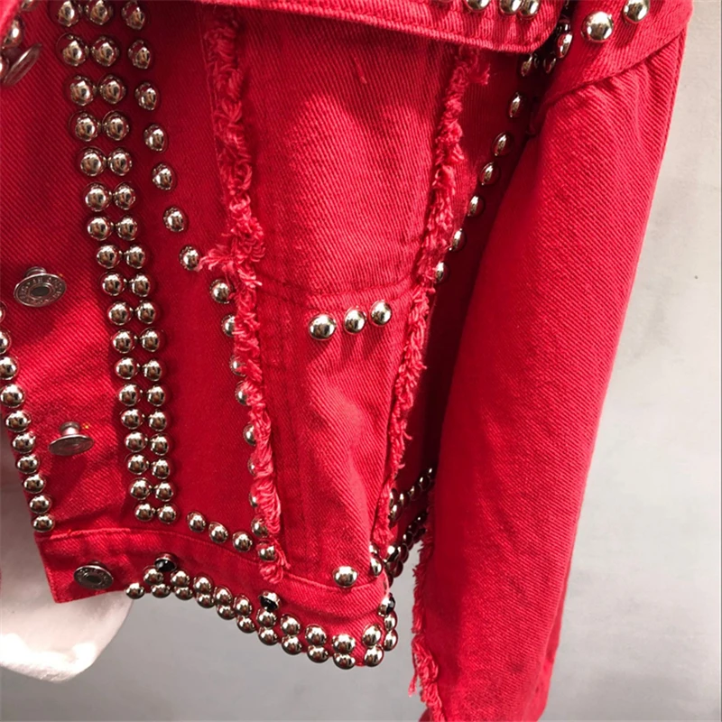 

Fashion Short Denim Jacket Women Autumn New Harajuku Rivets Red Jean Jacket Basic Women Long Sleeve Coat Loose Ladies Overcoat