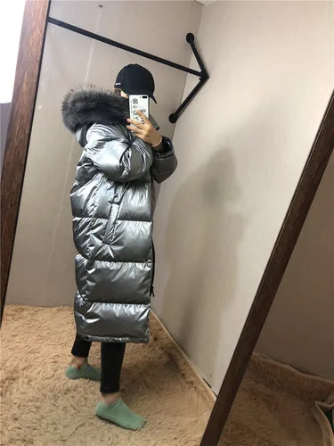 Silver Tcyeek, зимние куртки для женщин, 90% белый утиный пух, светильник, парки+ Большие меховые пальто с капюшоном, длинный пуховик, теплая Повседневная плотная верхняя одежда, LW1005 - Цвет: Silver