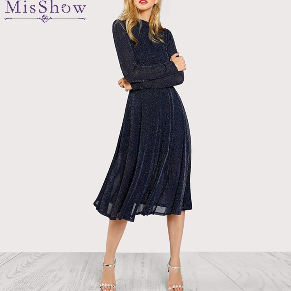 Elegant Long Sleeves Office Lady Women Dress 2019 Solid Back Hollow Out O-Neck Regular Summer Basic Dresses Navy Blue Vestidos | Женская